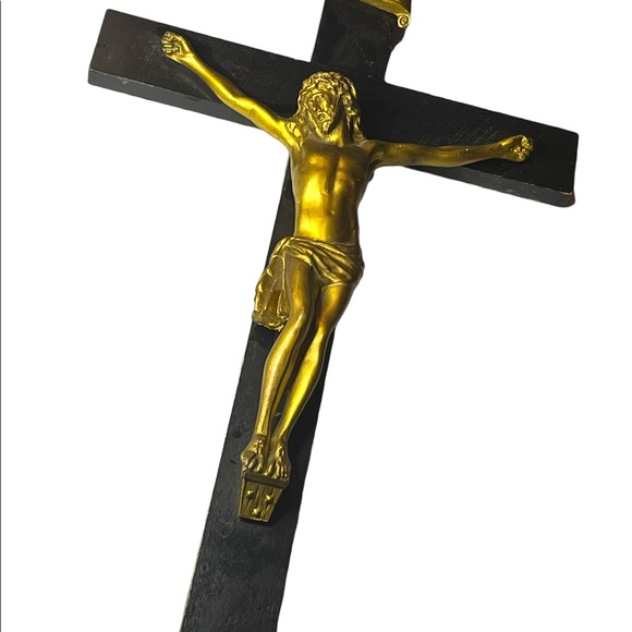 Antique Black Oak wood Victorian Heavy Brass Crucifix Religious Jesus Wall hang - Picture 6 of 16